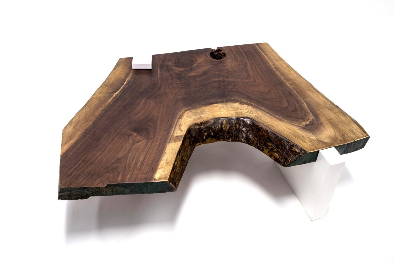Luxury coffee table in walnut, exaggerated Live Edge Coffee Table with white plank base