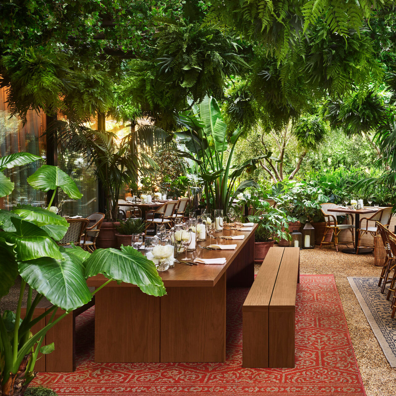 A verdant outdoor dining area by SENTIENT with lush greenery, featuring custom outdoor furniture, with wooden tables and benches on a red patterned rug, offering an inviting, natural dining experience.